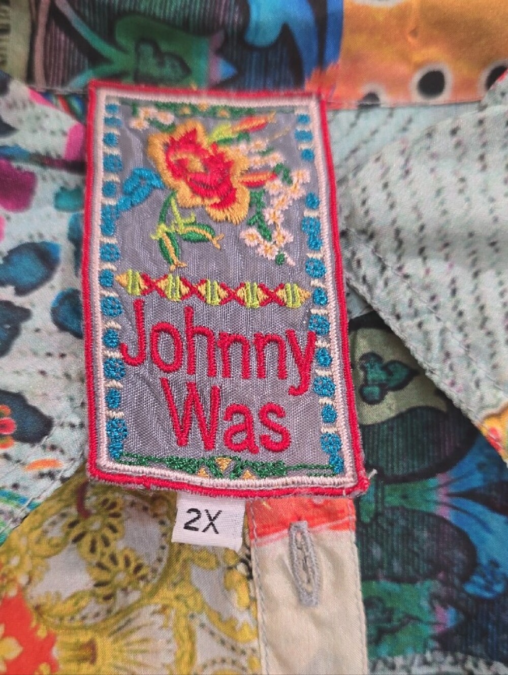 Johnny Was Multicolor Patchwork Floral Tunic - Teal, Yellow, Pink, Blue - Picture 3 of 4